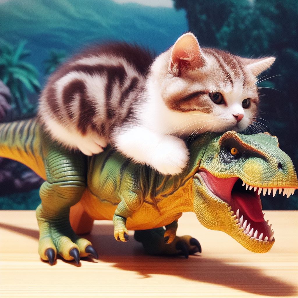 Prompt: A Tyrannosaurus Rex riding on the back of a cute kitten