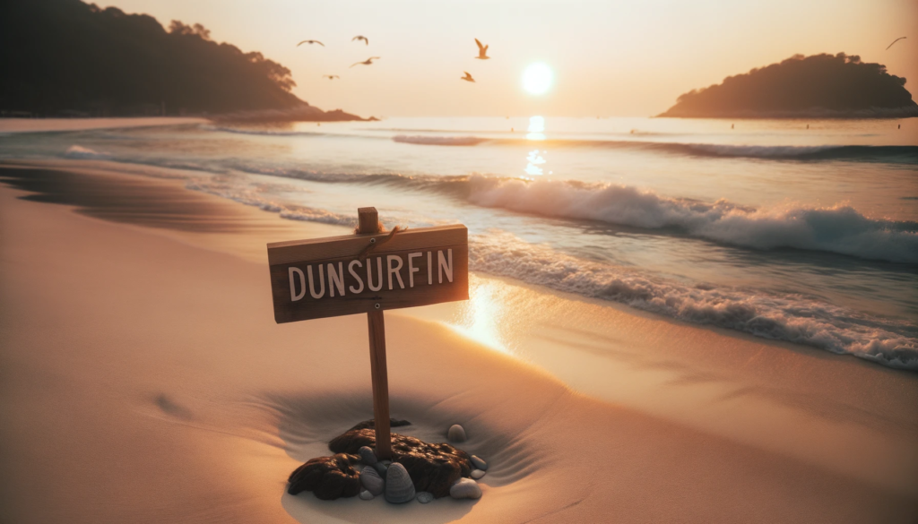 Photo of a serene beach at sunset with a wooden sign planted in the sand reading 'Dunsurfin'. Gentle waves lap at the shore and a few seagulls fly in