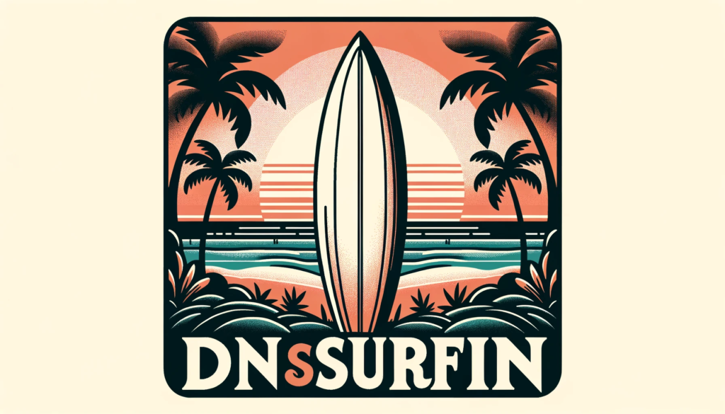 Illustration of a surfboard standing upright on the beach with the word 'Dunsurfin' written on it. The background showcases a beautiful sunset with palm trees silhouetted against the sky.