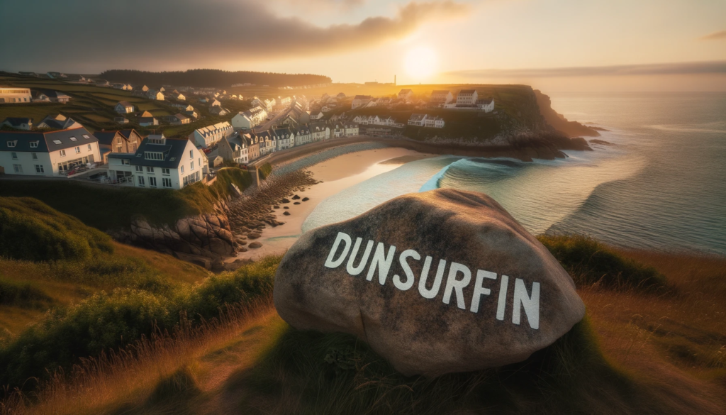 Photo of a coastal town with houses overlooking the sea. In the foreground, a large rock has 'Dunsurfin' painted on it. The setting sun casts a golden hue over the scene.