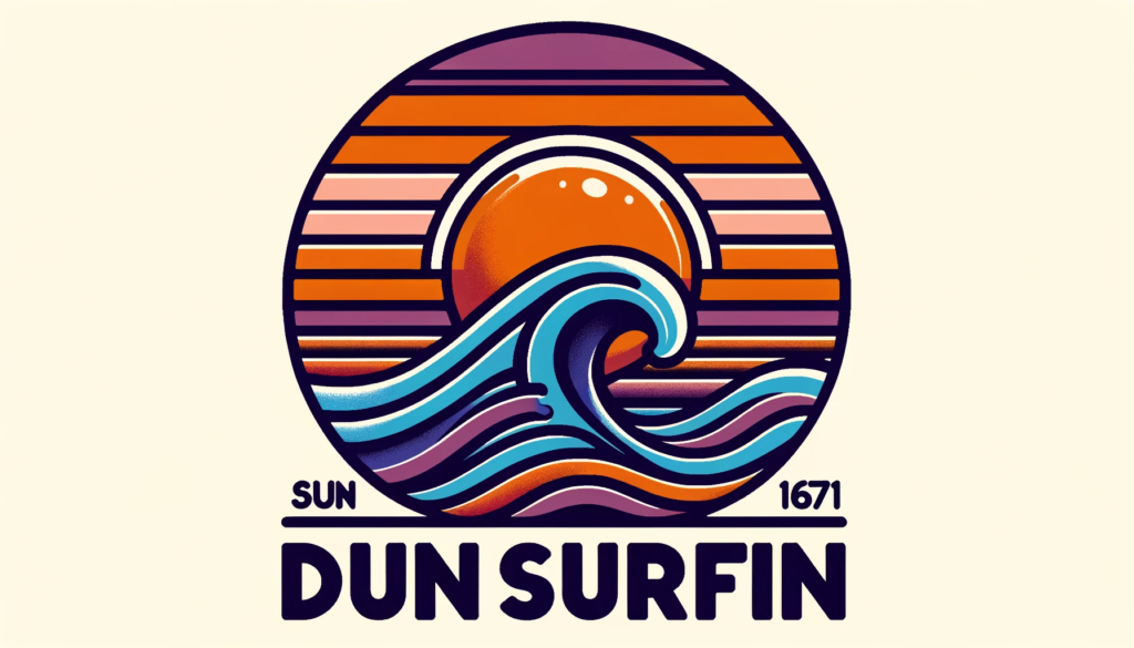 Vector design of a sun setting behind a wave. On top of the wave, there's a bold text saying 'Dunsurfin'. The overall color palette is warm with oranges, purples, and blues.