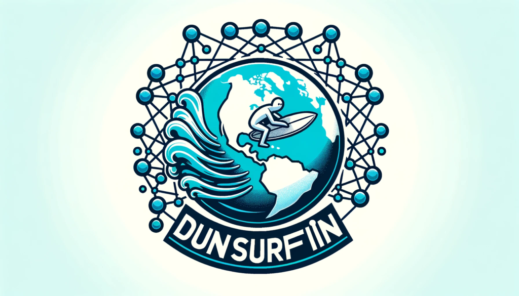 Vector design showcasing a globe with interconnected nodes representing the internet. A surfer rides a wave circling the globe, holding a mouse instead of a surfboard. The 'Dunsurfin' logo is prominently displayed with a futuristic font.