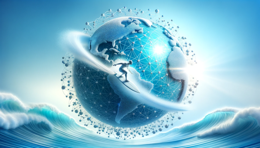 Realistic image of a globe with intricate internet nodes, set against a soft blue sky backdrop that gracefully transitions into white towards the top. A surfer gracefully rides a wave encircling the globe. The 'Dunsurfin' logo shines prominently with a glossy finish.