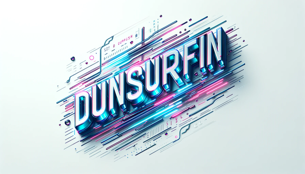 Design of 'Dunsurfin' logo with cyberpunk influences. The text is rendered in a holographic projection style with streaks of neon blue and pink. Metallic accents and digital glitches enhance the overall feel, all against a pristine white backdrop.