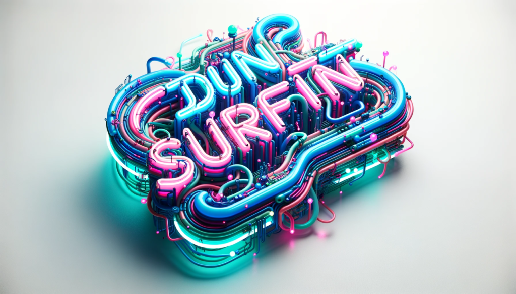 Artistic design of the 'DUNSURFIN' logo against a flawless white scene. The letters are meticulously shaped from glowing neon tubes that emit radiant colors like neon purple, electric blue, and bright pink. These neon letters are enhanced with intertwining wires, digital circuitry, and sleek technological elements. The blend of luminous neon colors and intricate tech details creates a vibrant contrast with the unblemished white background, highlighting the logo's cyberpunk flair.