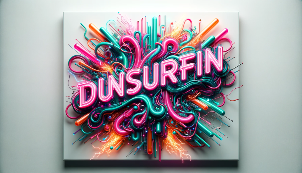 Artistic composition of the 'DUNSURFIN' logo set against a pristine white canvas. The letters burst forth as neon tubes that glow in hues of hot pink, electric teal, and radiant orange. These neon formations are complemented with twisted wires, sparking circuits, and cybernetic embellishments. The intense neon glow juxtaposes beautifully with the white surroundings, emphasizing the logo's cyberpunk dynamism and making it the visual focal point.