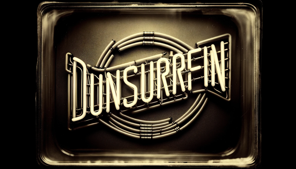 Daguerreotype image of the 'Dunsurfin' logo styled in a cyberpunk aesthetic. The letters are meticulously crafted from glowing neon tubes, reflecting the essence of the cyberpunk genre. The vintage sepia tones of the daguerreotype process contrast with the futuristic neon, creating a unique blend of old and new.